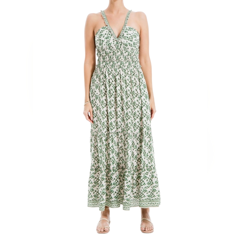 NWT - Max Studio - Green And Cream Smocked Tiered Maxi Dress - Small